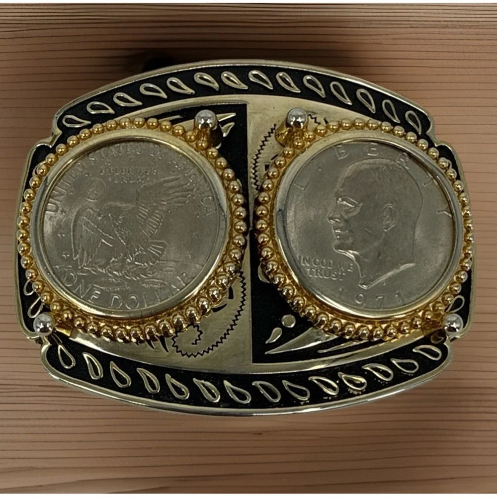 1971 Double Eisenhower Dollar Western Belt Buckle Black And Gold Design 4.5x3